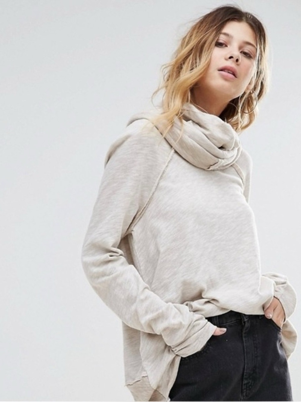 Free People FP Beach Cowl Neck Pullover Top One Size OS Cotton Beige Slub Knit